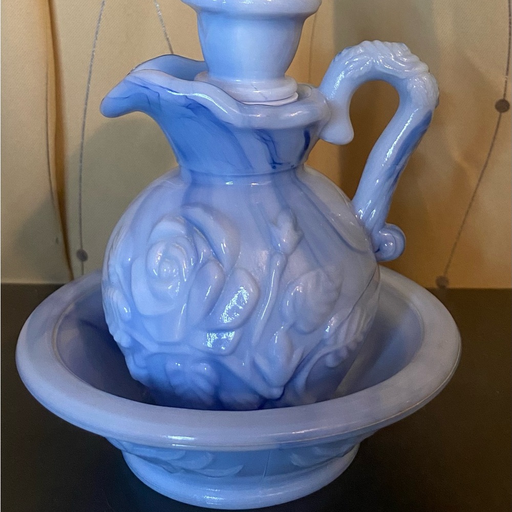 Avon Victoriana Bubble Bath Pitcher and Bowl Set Blue May 1978 Vintage